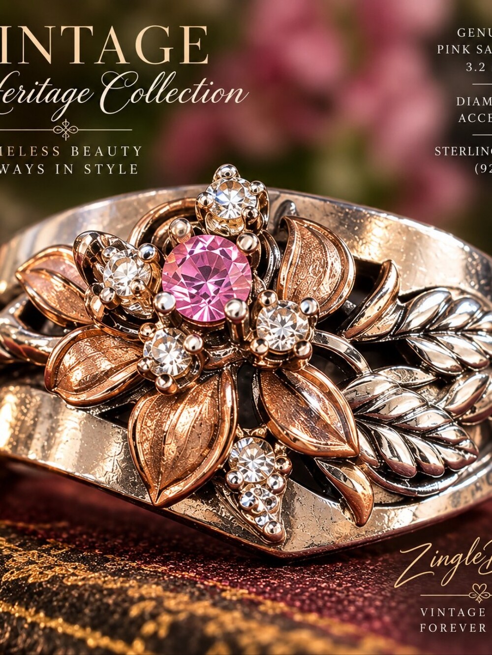 Vintage 925 Sterling Pink Sapphire Diamond Black Hills Gold Style Ring